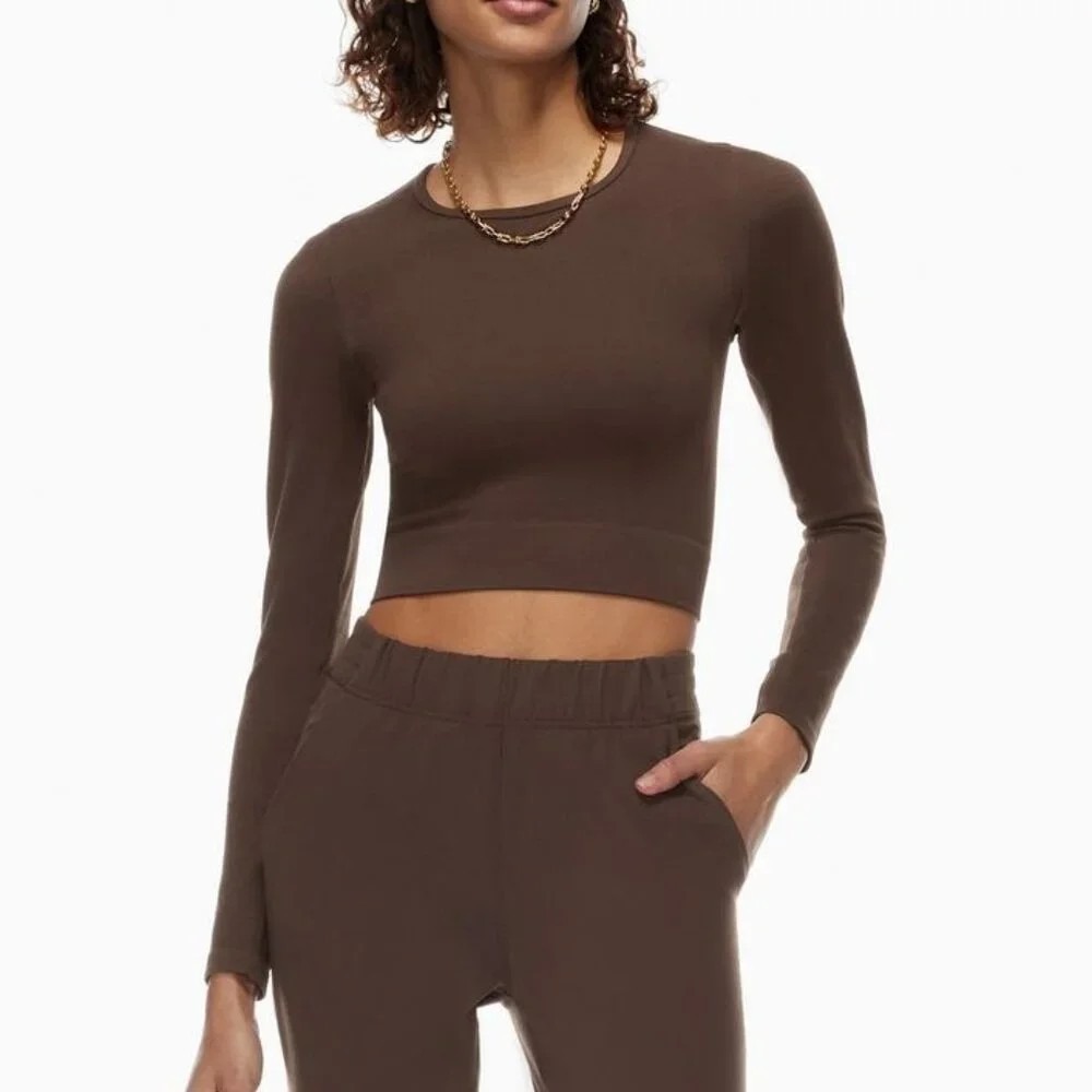 "Nwt"Aritzia Babaton Encounter Long Sleeve Ribbed Cropped Top Coffee Bean-Xs